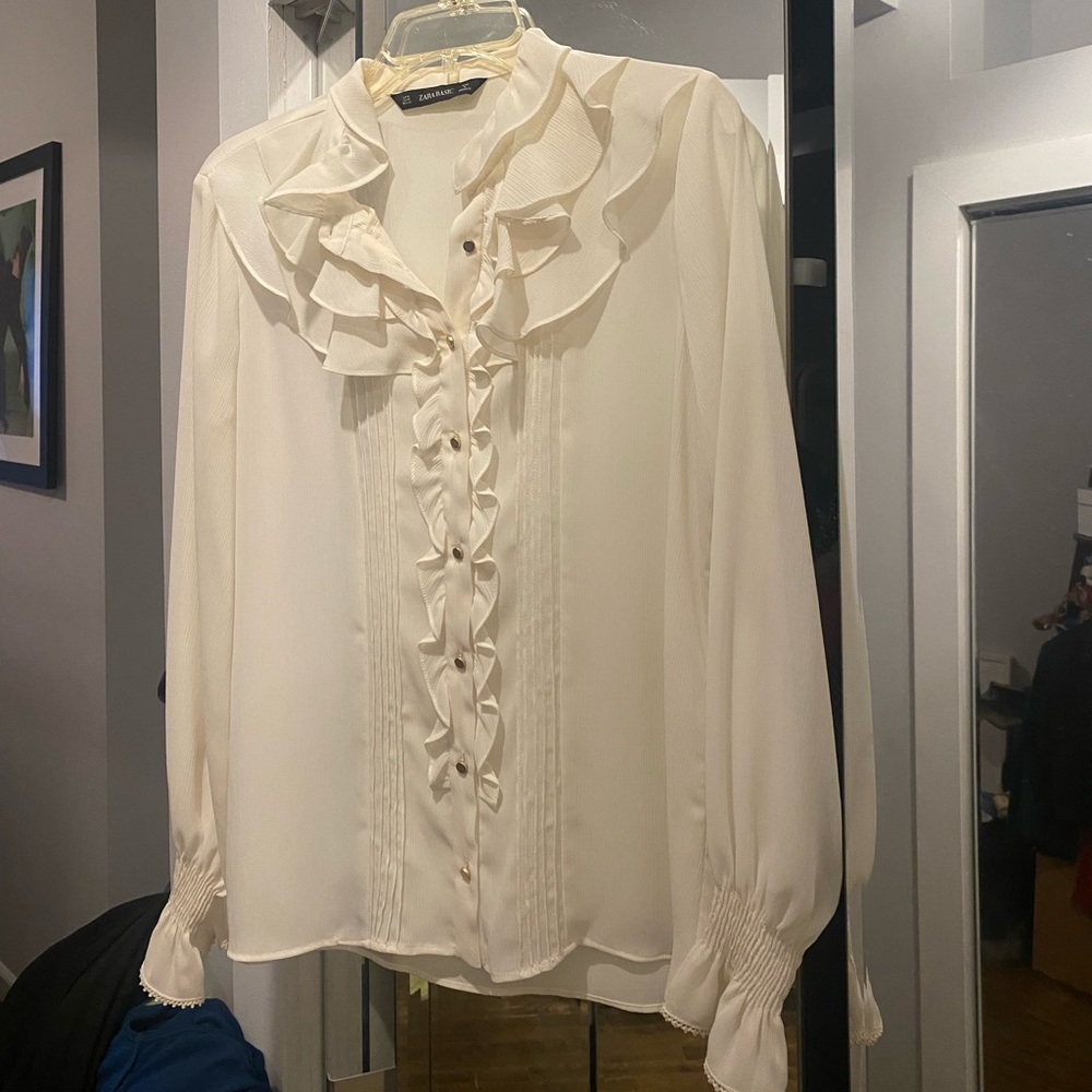Cream Zara blouse with ruffle detail